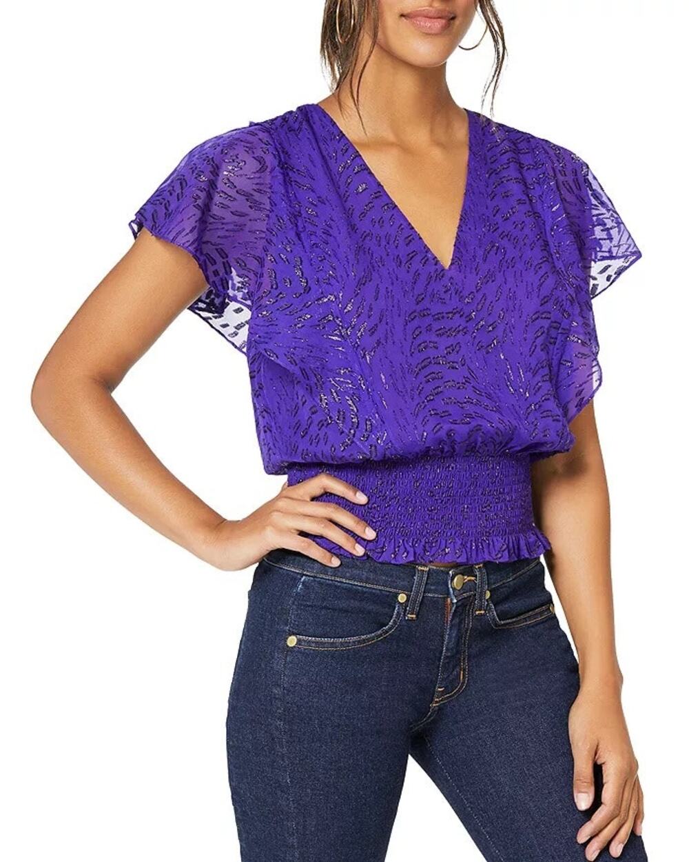 Ramy Brook Lynette Smocked Silk Blend Top in Purple size Medium